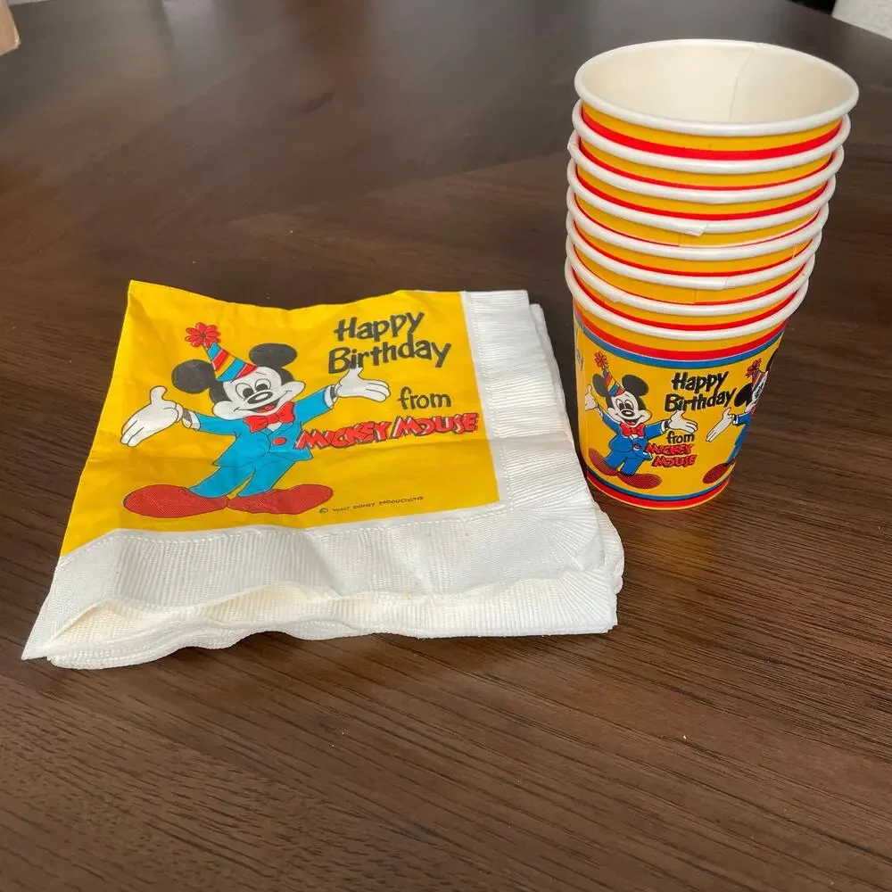 Vintage Mickey Mouse Birthday Party Cups Napkins Paper Yellow Disneyana READ